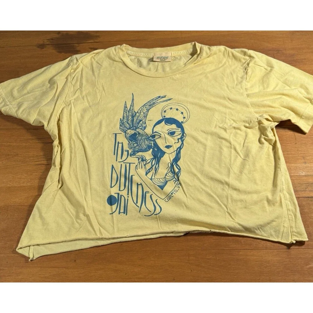 Fairycore Witchy Mystical Crop Tee Yellow Teal Graphic Art Womens Medium - Picture 4 of 13